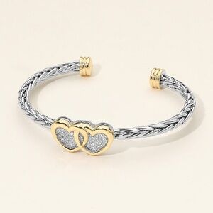 Two Tone CZ Stone Paved Interlocking Double Heart Accent Braided Cuff Bracelet